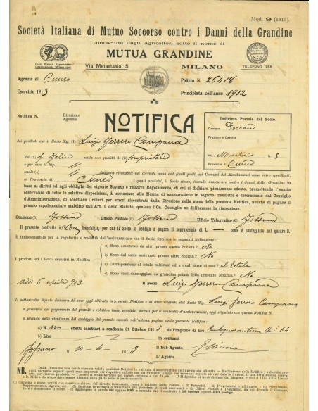 1913 - SOC. ITALIANA DI MUTUO SOCCORSO CONTRO I DANNI DELLA GRANDINE - FOSSANO