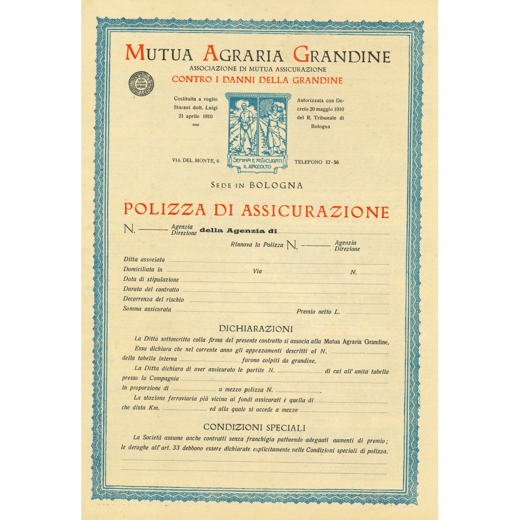 1930 - MUTUA AGRARIA GRANDINE - BOLOGNA
