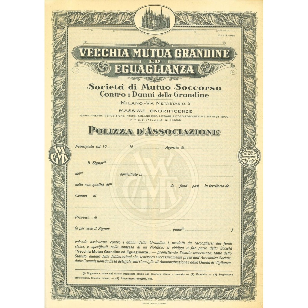 1935 - VECCHIA MUTUA GRANDINE ED EGUAGLIANZA -...