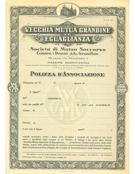 1935 - VECCHIA MUTUA GRANDINE ED EGUAGLIANZA - GRANDINE - MILANO