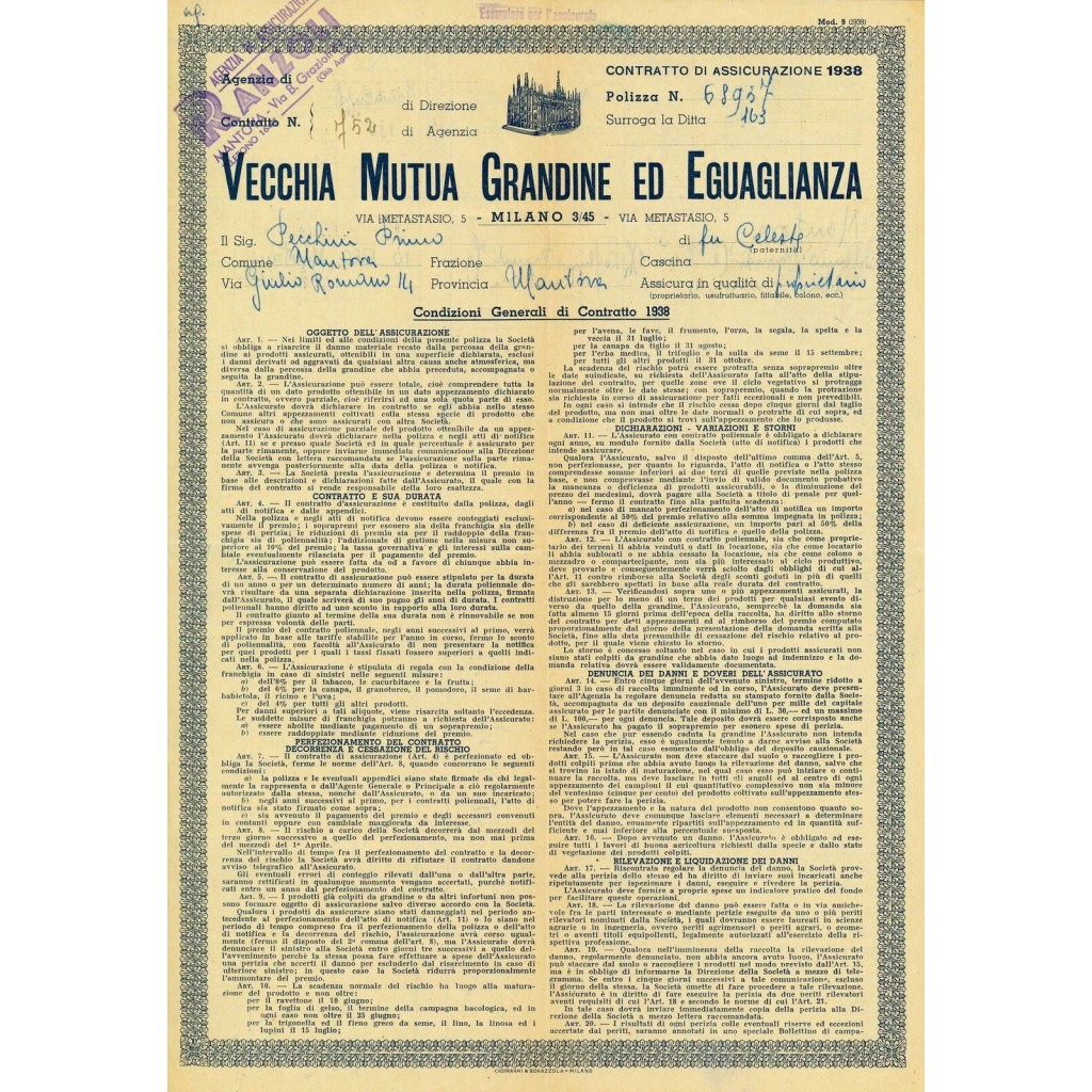 1938 - VECCHIA MUTUA GRANDINE ED EGUAGLIANZA -...