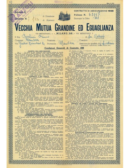 1938 - VECCHIA MUTUA GRANDINE ED EGUAGLIANZA - GRANDINE - MANTOVA