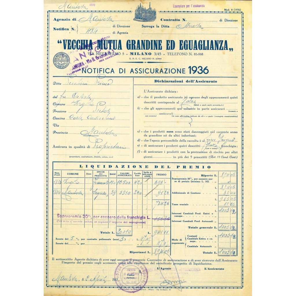 1936 - VECCHIA MUTUA GRANDINE ED EGUAGLIANZA -...