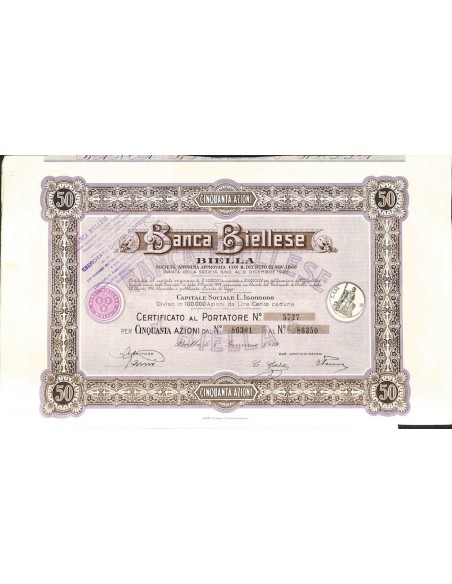 BANCA BIELLESE - 50 AZIONI - BIELLA 1919