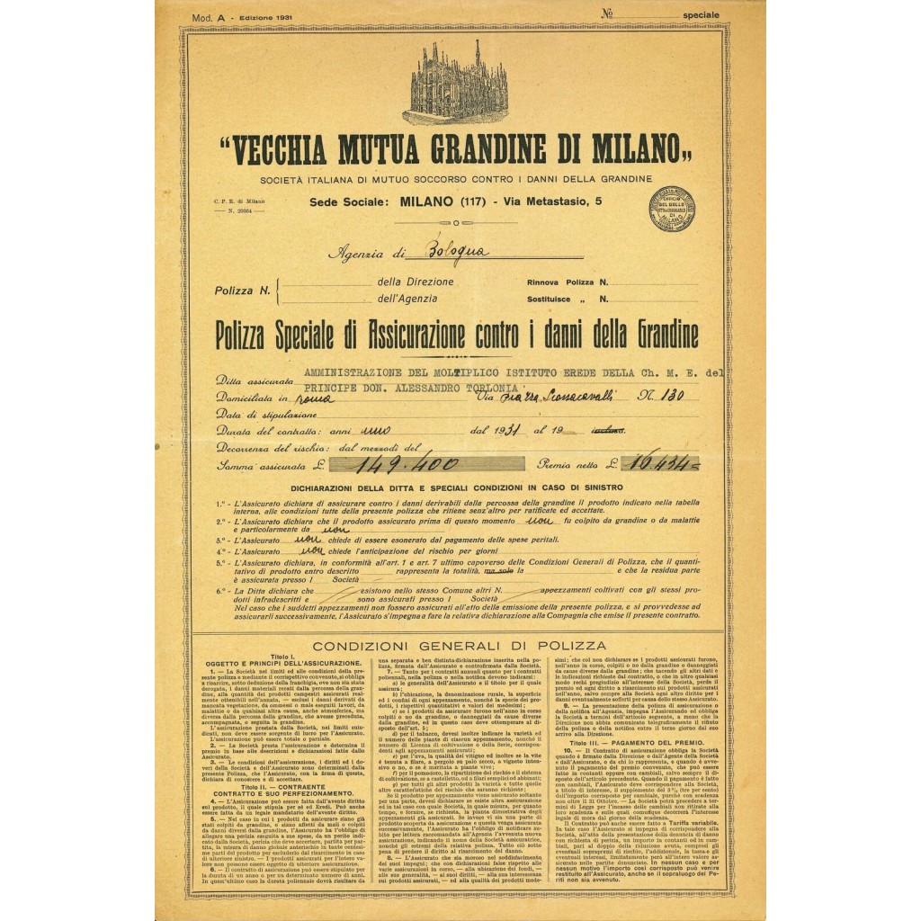 1931 - VECCHIA MUTUA GRANDINE DI MILANO -...