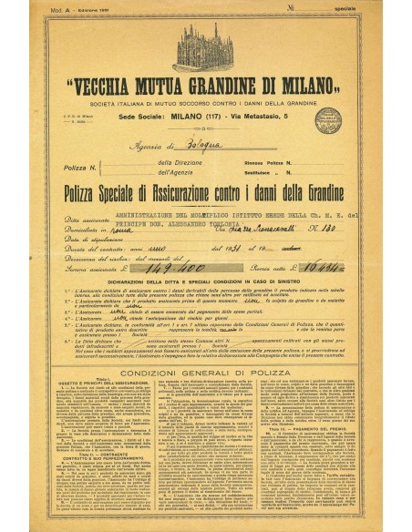 1931 - VECCHIA MUTUA GRANDINE DI MILANO - GRANDINE - BOLOGNA
