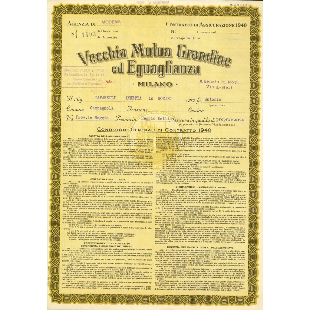 1940 - VECCHIA MUTUA GRANDINE ED EGUAGLIANZA -...