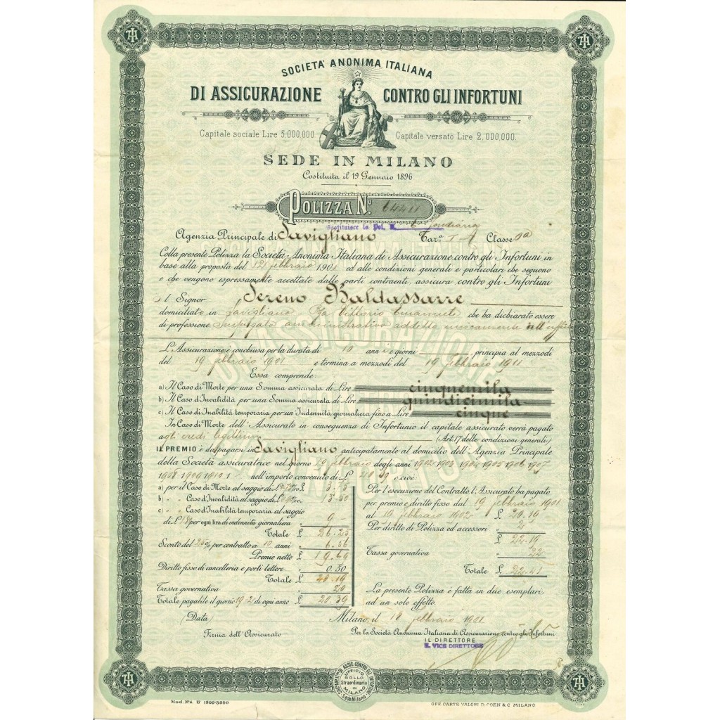 1901 - ANONIMA ITALIANA DI ASSICURAZIONE CONTRO...