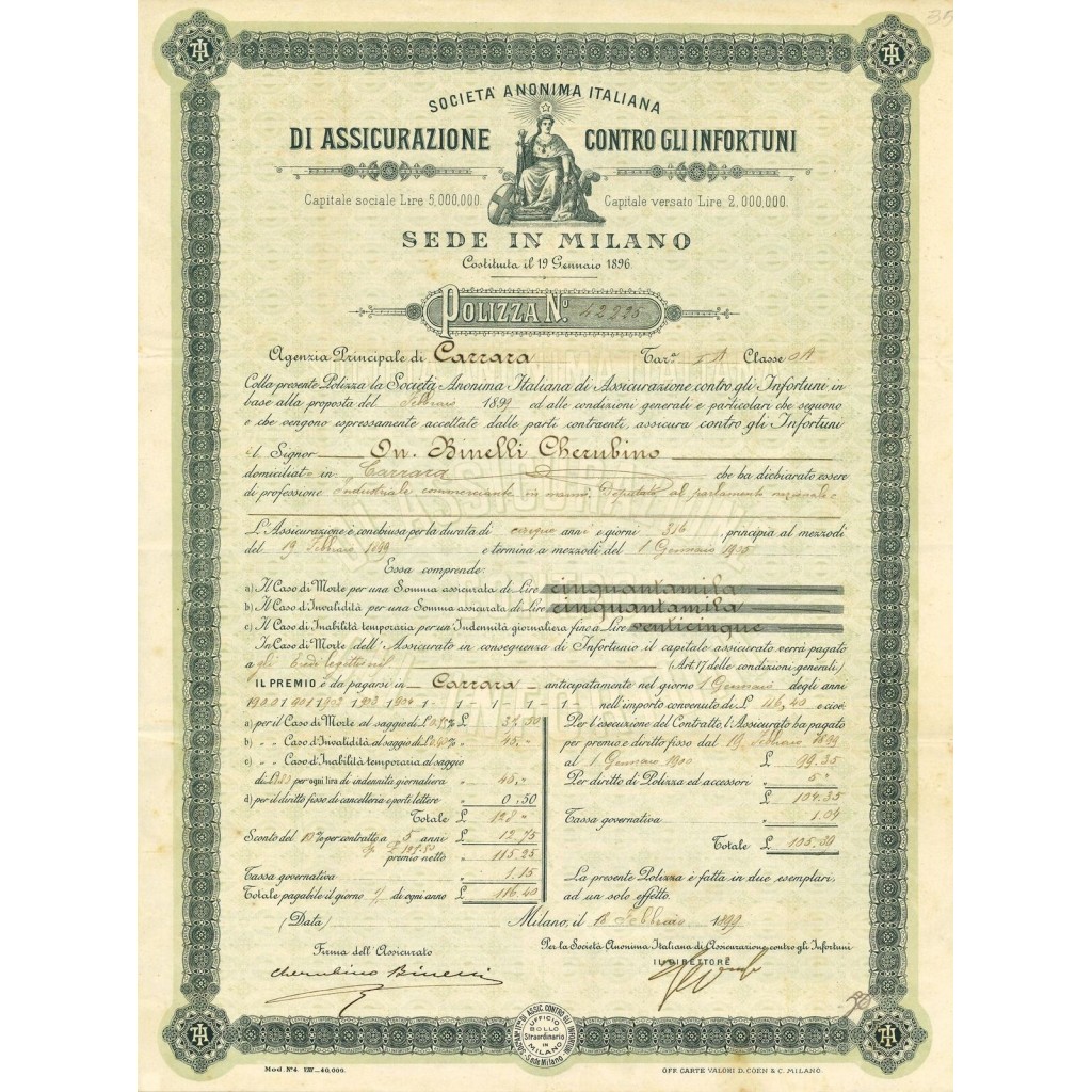 1899 - ANONIMA ITALIANA DI ASSICURAZIONE CONTRO...