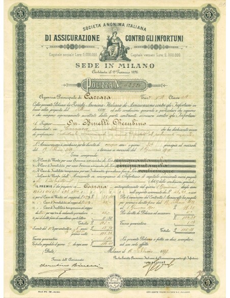 1899 - ANONIMA ITALIANA DI ASSICURAZIONE CONTRO GLI INFORTUNI SOC. - MILANO
