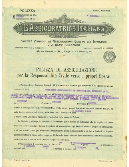 1920 - L'ASSICURATRICE ITALIANA - RESPONSABILITA' CIVILE - GENOVA