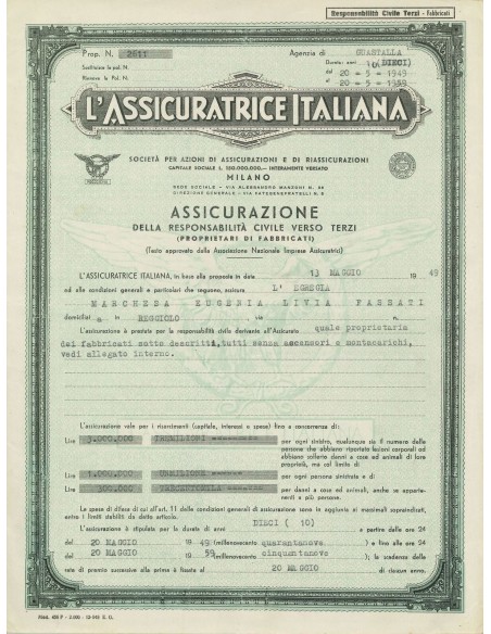 1949 - L'ASSICURATRICE ITALIANA - RESPONSABILITA' CIVILE - REGGIOLO