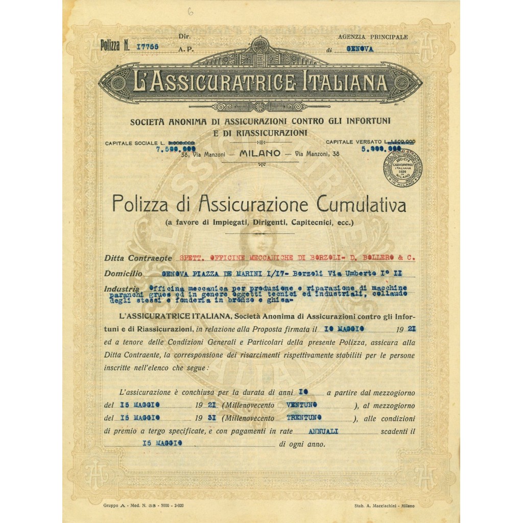 1921 - L'ASSICURATRICE ITALIANA - CUMULATIVA - GENOVA
