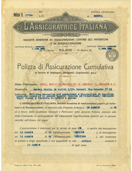 1921 - L'ASSICURATRICE ITALIANA - CUMULATIVA - GENOVA