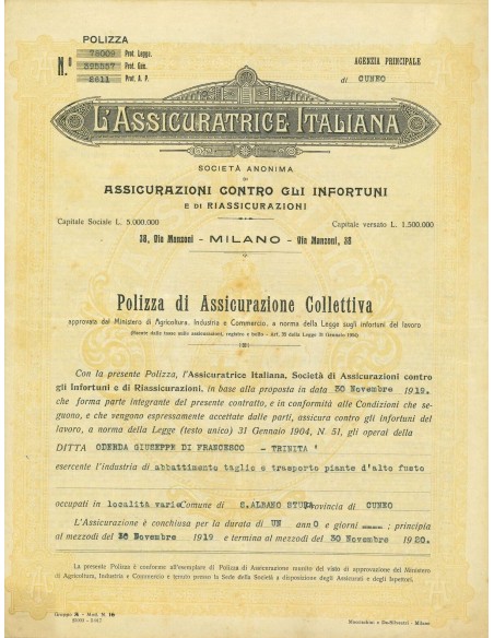 1919 - L'ASSICURATRICE ITALIANA - COLLETTIVA - CUNEO