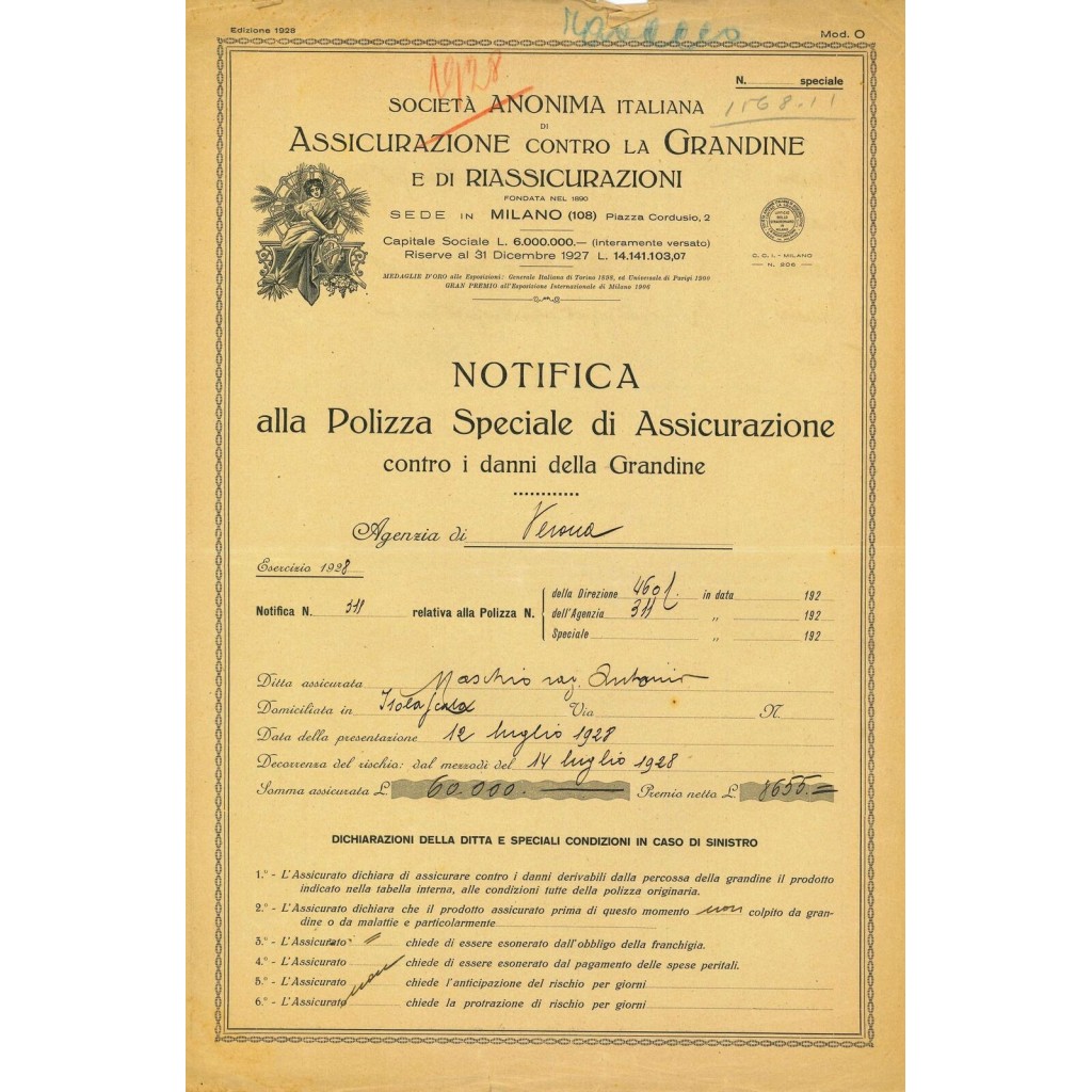 1928 - ITALIANA DI ASSICURAZIONE CONTRO LA...
