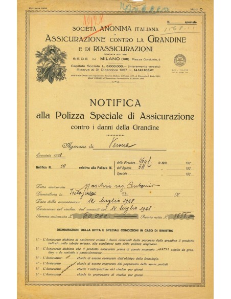 1928 - ITALIANA DI ASSICURAZIONE CONTRO LA GRANDINE E DI RIASSICURAZIONI S. A. - GRANDINE - VERONA