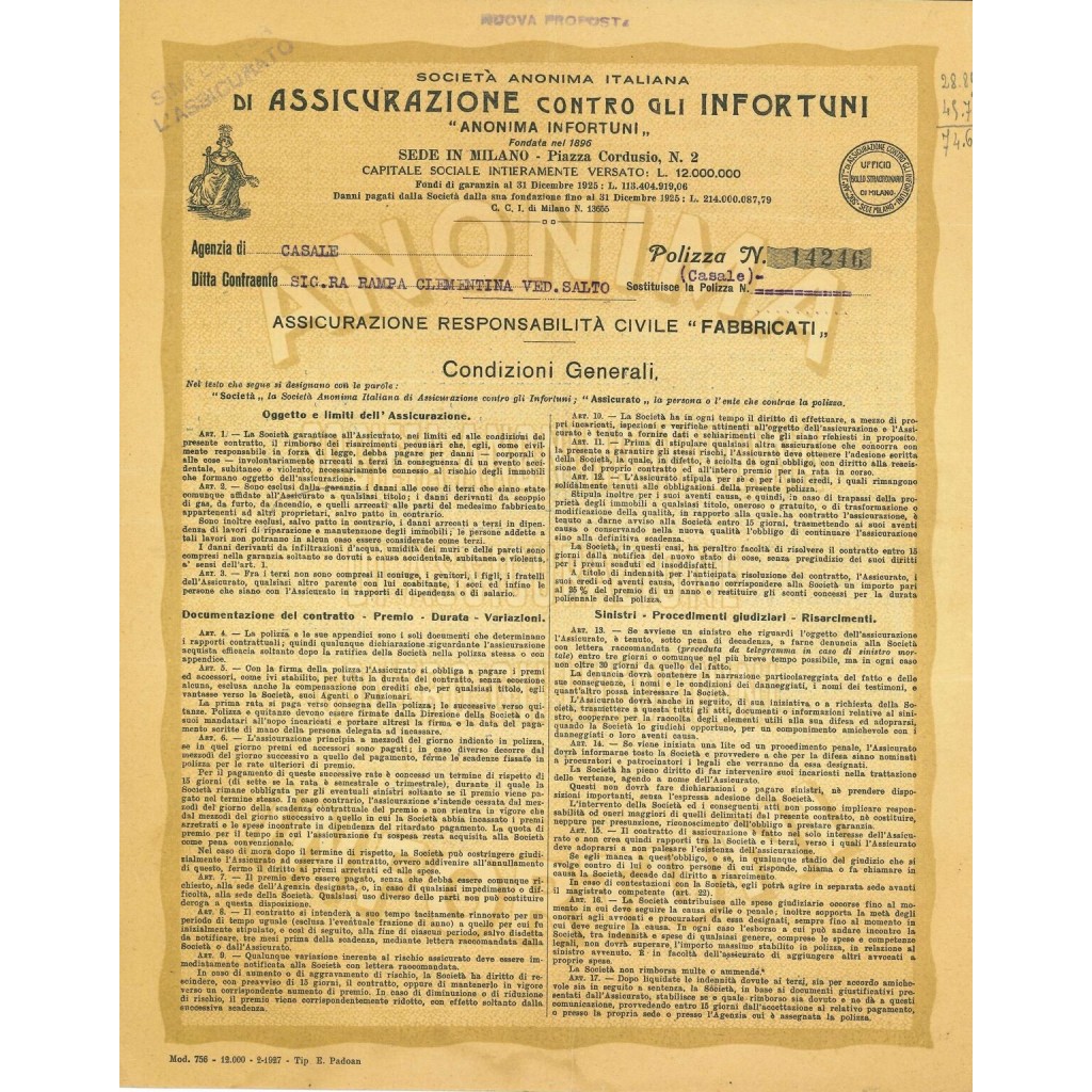 1930 - ITALIANA DI ASSICURAZIONE CONTRO GLI...