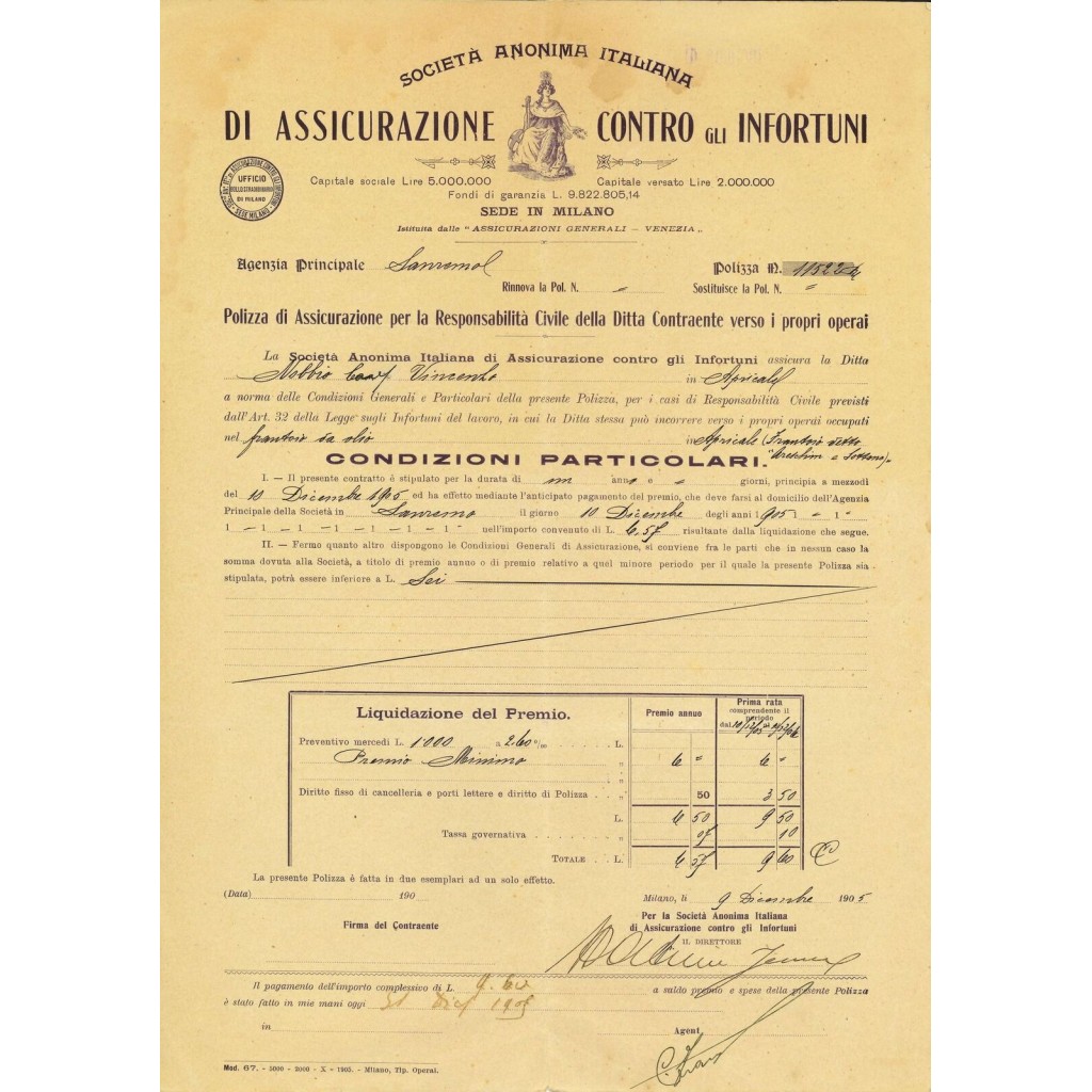 1905 - ITALIANA DI ASSICURAZIONE CONTRO GLI...