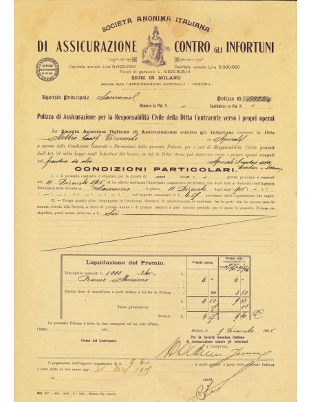1905 - ITALIANA DI ASSICURAZIONE CONTRO GLI INFORTUNI S. A. - RESPONSABILITA' CIVILE - MILANO