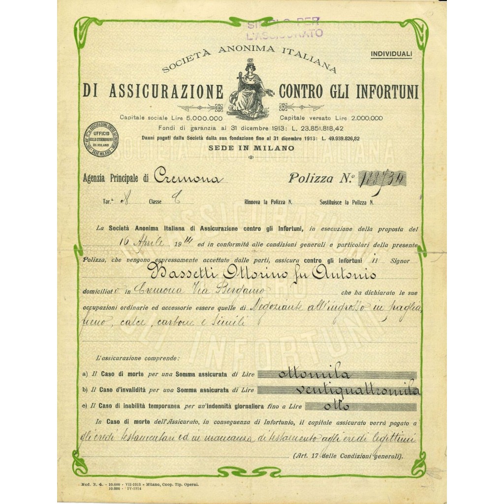 1914 - ITALIANA DI ASSICURAZIONE CONTRO GLI...