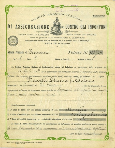 1914 - ITALIANA DI ASSICURAZIONE CONTRO GLI INFORTUNI S. A. - INFORTUNI - CREMONA