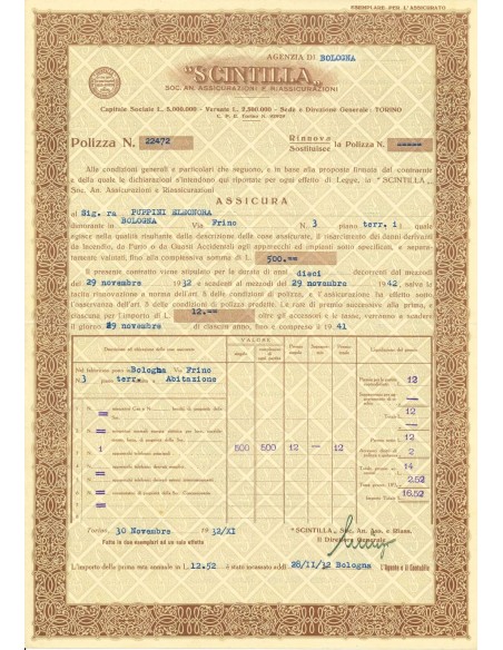 1932 - SCINTILLA S. A. ASSICURAZIONI E RIASSICURAZIONI - INCENDIO, FURTO E GUASTO - BOLOGNA
