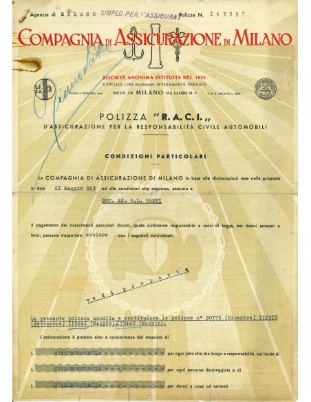 1943 - COMPAGNIA DI ASSICURAZIONE DI MILANO - RESPONSABILITA' CIVILE - MILANO