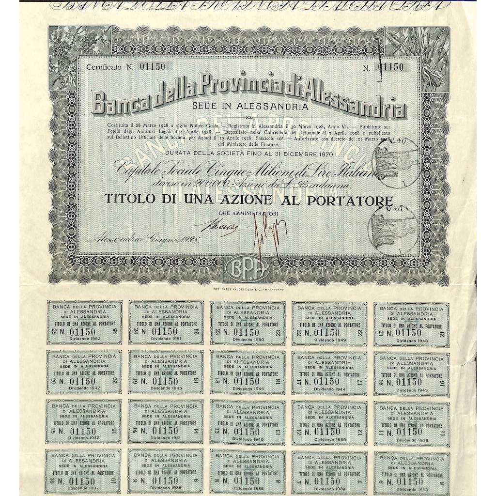 BANCA DELLA PROVINCIA DI ALESSANDRIA - UNA AZIONE 1928