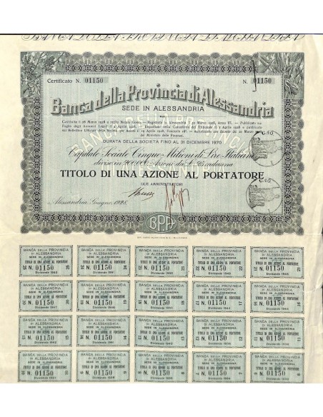 BANCA DELLA PROVINCIA DI ALESSANDRIA - UNA AZIONE 1928