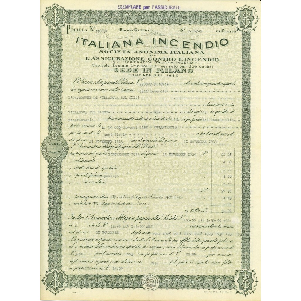 1923 - ITALIANA INCENDIO - INCENDIO - MILANO