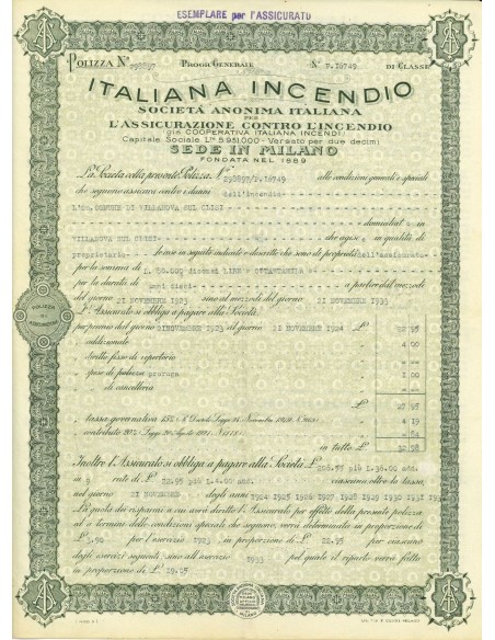 1923 - ITALIANA INCENDIO - INCENDIO - MILANO