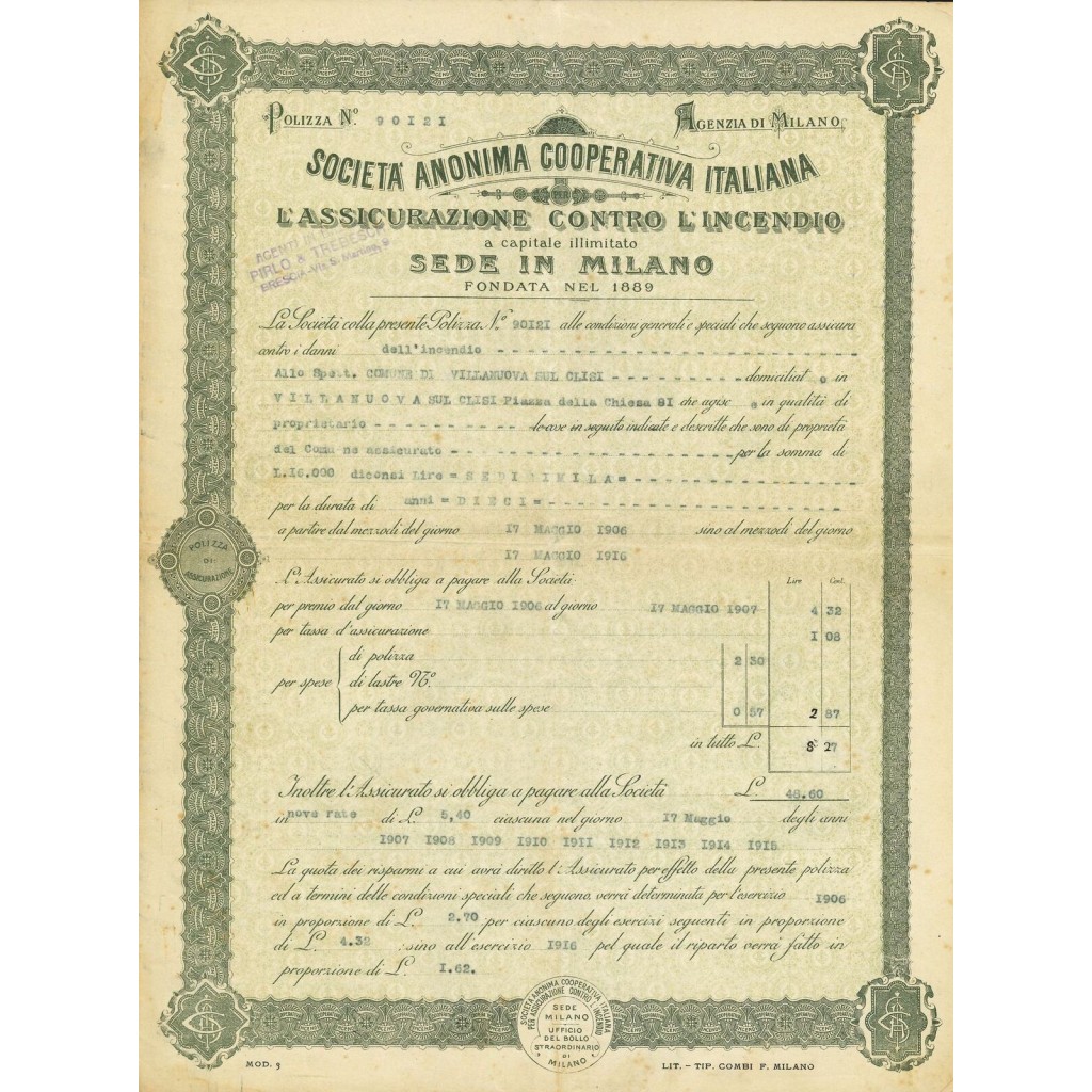 1906 - COOPERATIVA ITALIANA PER L'ASSICURAZIONE...