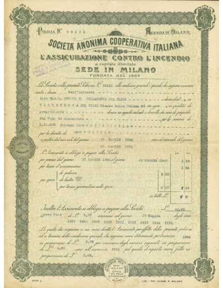 1906 - COOPERATIVA ITALIANA PER L'ASSICURAZIONE CONTRO L'INCENDIO S. A. - INCENDIO - MILANO