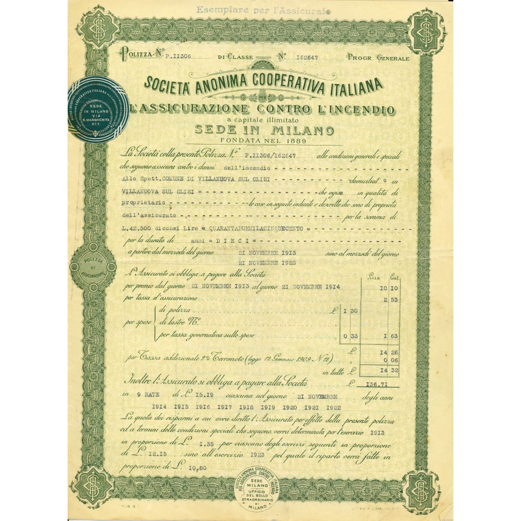 1913 - COOPERATIVA ITALIANA PER L'ASSICURAZIONE...
