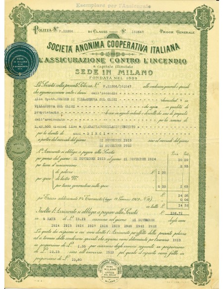 1913 - COOPERATIVA ITALIANA PER L'ASSICURAZIONE CONTRO L'INCENDIO S. A. - INCENDIO - MILANO