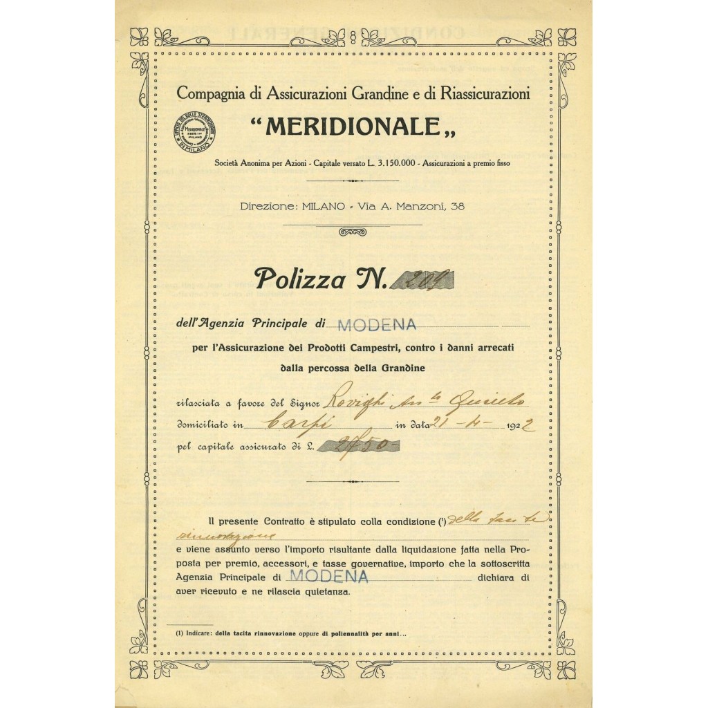 1922 - MERIDIONALE - GRANDINE - MODENA