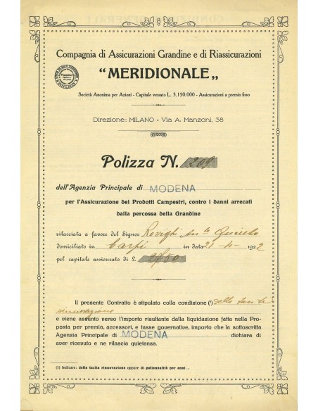 1922 - MERIDIONALE - GRANDINE - MODENA