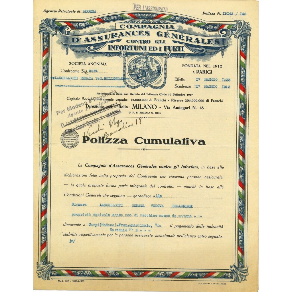 1933 - COMPAGNIA D'ASSURANCES GENERALES CONTRO...