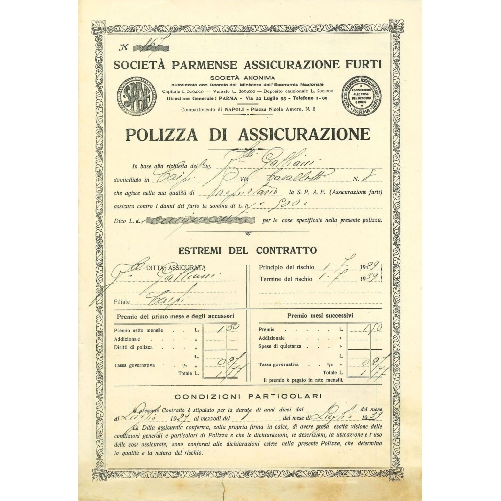 1929 - PARMENSE ASSICURAZIONE FURTI SOC. -...
