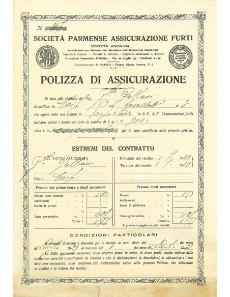 1929 - PARMENSE ASSICURAZIONE FURTI SOC. - FURTO - PARMA