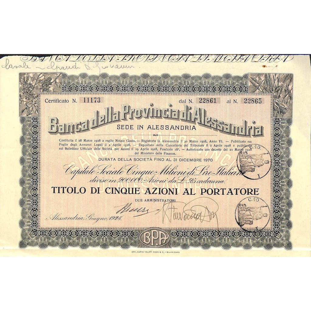 BANCA DELLA PROVINCIA DI ALESSANDRIA - 5 AZIONI 1928