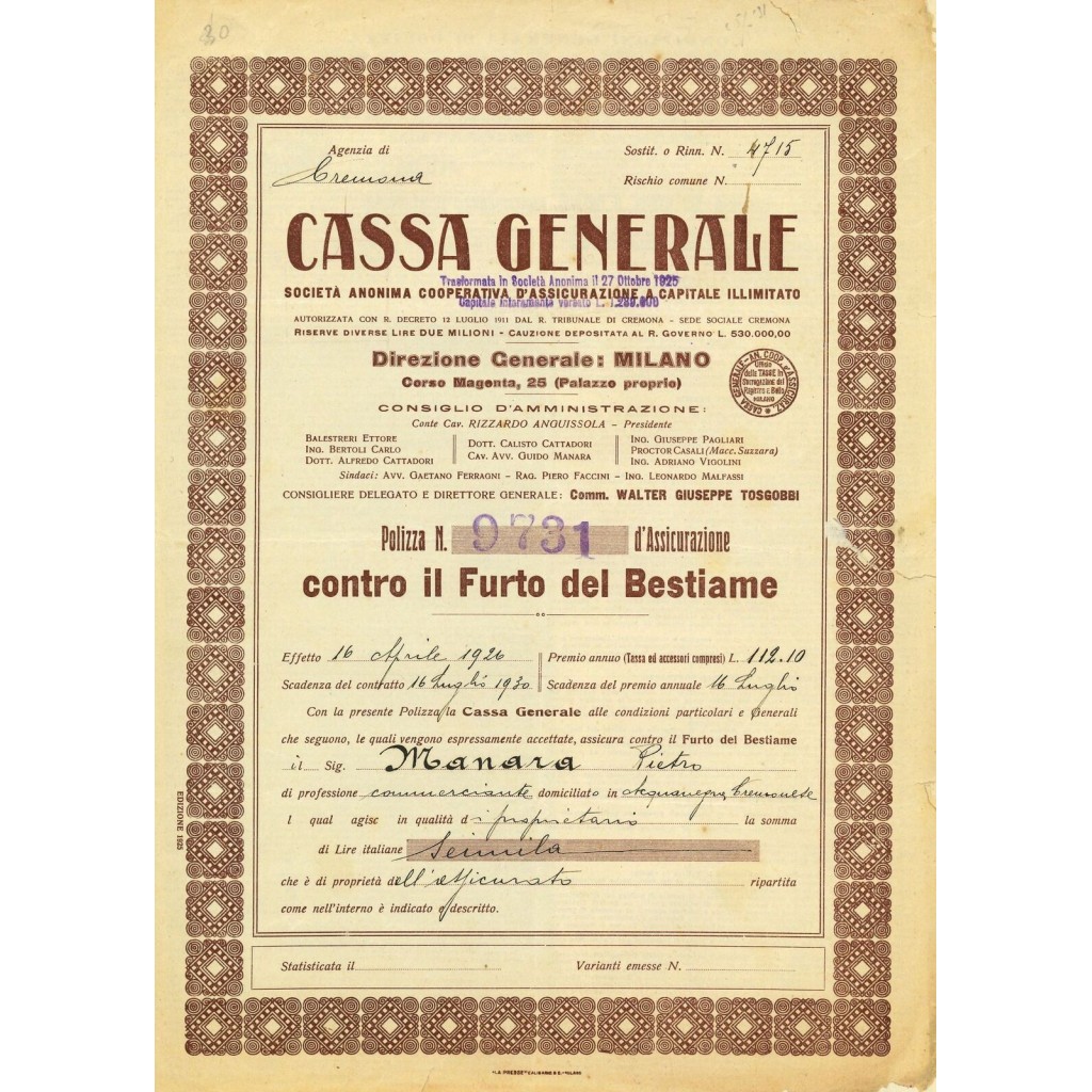 1926 - CASSA GENERALE - FURTO - MILANO