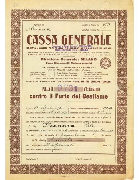 1926 - CASSA GENERALE - FURTO - MILANO