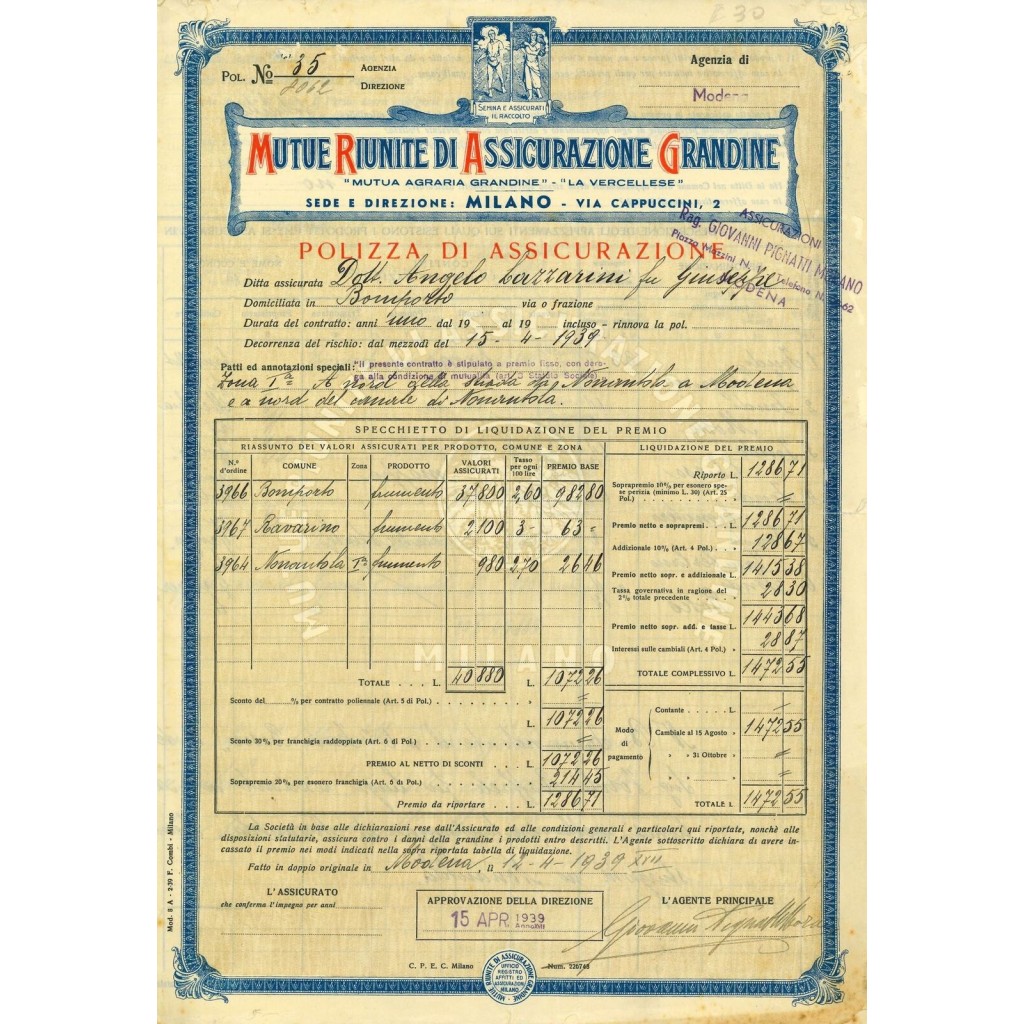 1939 - MUTUE RIUNITE DI ASSICURAZIONE GRANDINE...