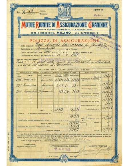 1939 - MUTUE RIUNITE DI ASSICURAZIONE GRANDINE - MODENA