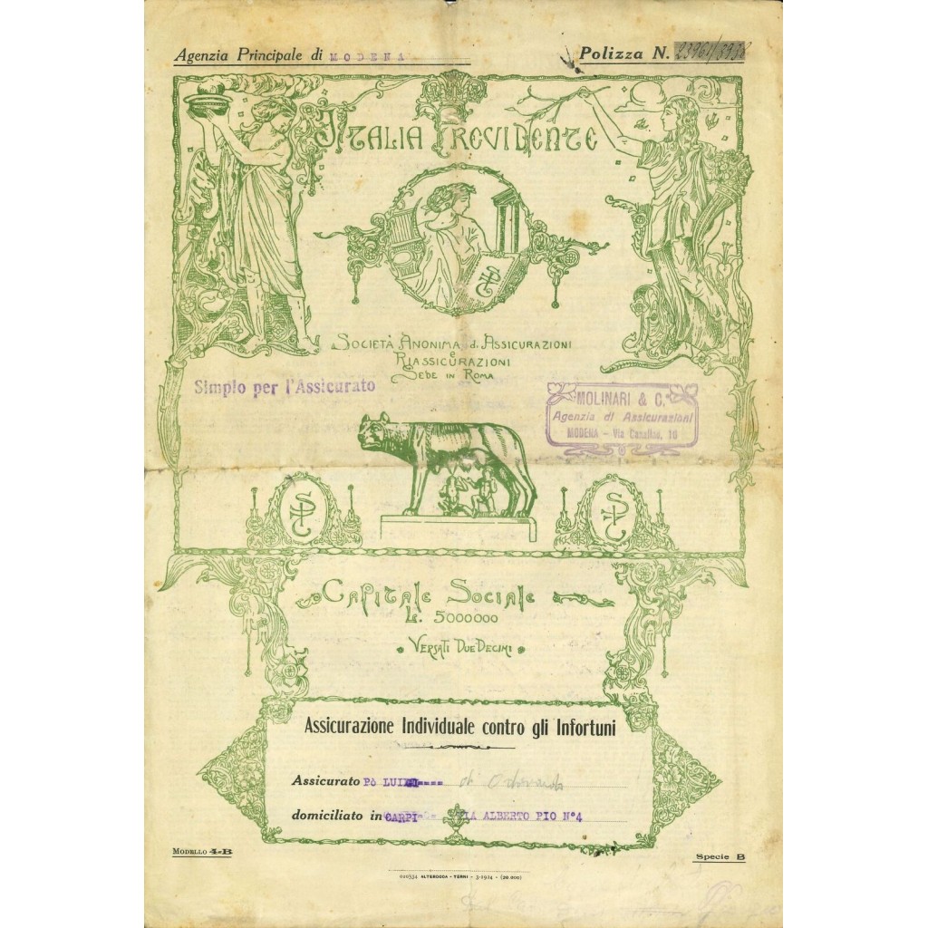 1924 - ITALIA PREVIDENZE - INFORTUNI - ROMA