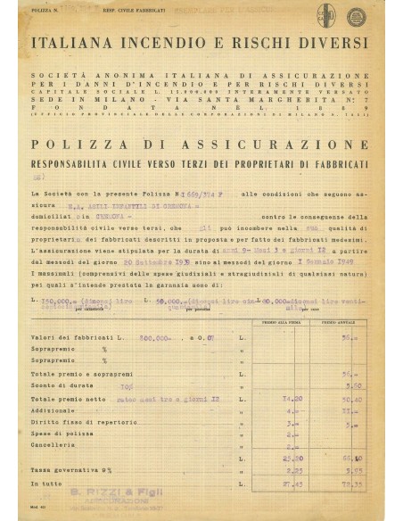 1939 - ITALIANA INCENDIO E RISCHI DIVERSI - RESPONSABILITA' CIVILE - MILANO