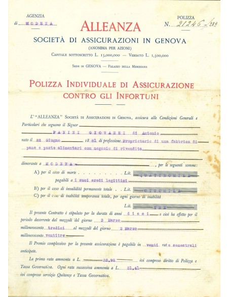 1913 - ALLEANZA - INFORTUNI - MODENA