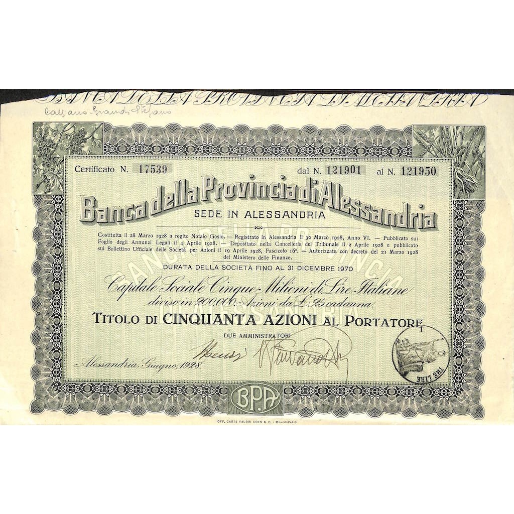 BANCA DELLA PROVINCIA DI ALESSANDRIA - 50 AZIONI 1928